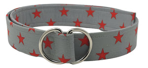 Grey cotton D-ring belt with bold red star print and silver metal buckle