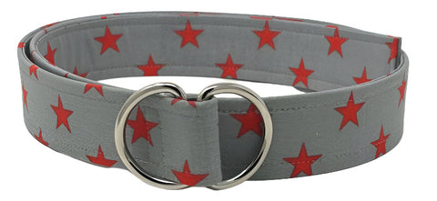 Star belt by Oliver Green in grey cotton with red star pattern and polished D-ring buckle