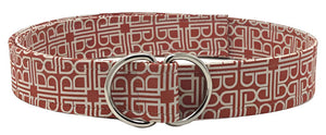 Rust geometric patterned D-ring belt by Oliver Green with sleek grey design
