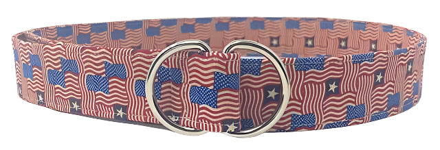 Vintage flag print D-ring belt in red, white, and blue patriotic colors by Oliver Green.