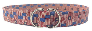 Vintage flag print D-ring belt in red, white, and blue patriotic colors by Oliver Green.