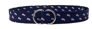 Navy cotton belt with American flag motifs and silver D‑ring buckle.