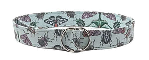 Aqua Moth Beetle D-ring belt with insect print on soft aqua fabric, adjustable and lightweight accessory.
