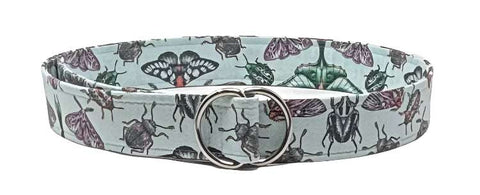 Insect print aqua cotton belt with moth and beetle design and polished D-ring buckle by Oliver Green.