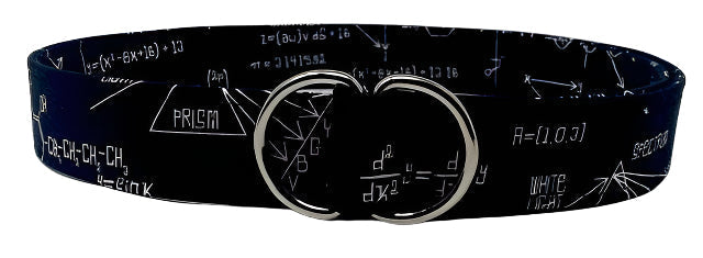 Black handcrafted physics design belt with white physics equations and silver double-ring buckle, 1.5 inches wide and 42 inches long