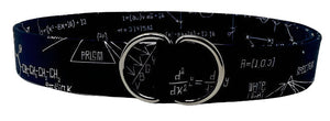 Black handcrafted physics design belt with white physics equations and silver double-ring buckle, 1.5 inches wide and 42 inches long
