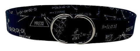 Geek chic belt by Oliver Green featuring cotton fabric with physics-inspired print and polished silver D-ring buckle