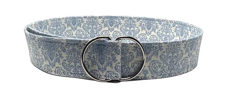 French Blue Damask D-ring belt with delicate blue damask pattern on ivory background and sleek double-ring buckle