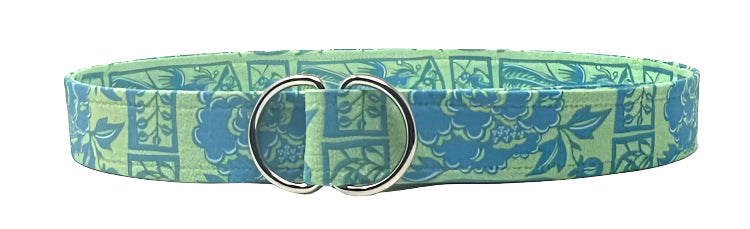 blue and green floral d-ring belt by oliver green
