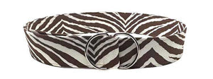 Savanna Stripes D-Ring Belt with bold brown and ivory zebra print and sturdy double-ring buckle, 42 inches long and 2 inches wide.