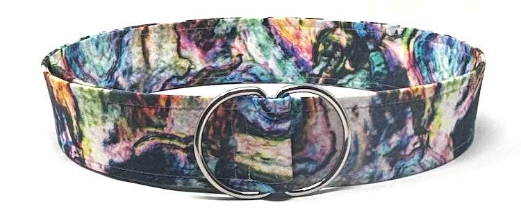 Psychedelic print belt by Oliver Green with cosmic swirl cotton design and polished D-ring buckle