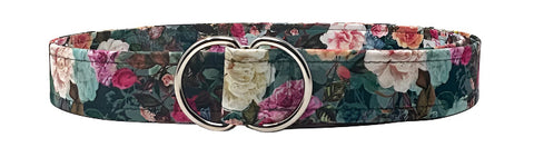 Teal floral cotton D-ring belt with vintage rose print, silver buckle, and adjustable fit