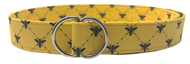 Yellow and black Bee D-Ring belt by Oliver Green with handcrafted bee pattern and silver buckle