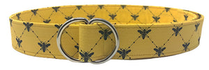 Yellow and black Bee D-Ring belt by Oliver Green with handcrafted bee pattern and silver buckle