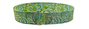 Tropical print belt by Oliver Green in green and blue paisley cotton with polished D-ring buckle, resort-inspired design