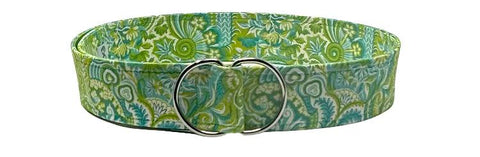 Tropical print belt by Oliver Green in green and blue paisley cotton with polished D-ring buckle, resort-inspired design