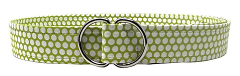 Modern retro polka dot belt in cotton with green base and graphic dot design