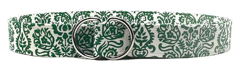 Green damask D-ring belt in cotton with ornate woven pattern and silver buckle