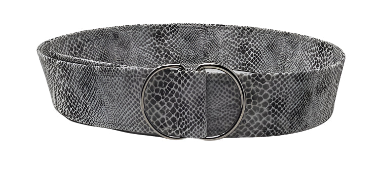 Grey Python D-Ring Belt with silver and charcoal snakeskin print and double-ring buckle
