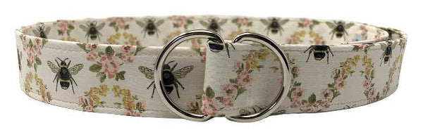 Ivory floral belt with honey bee design and silver double ring buckle