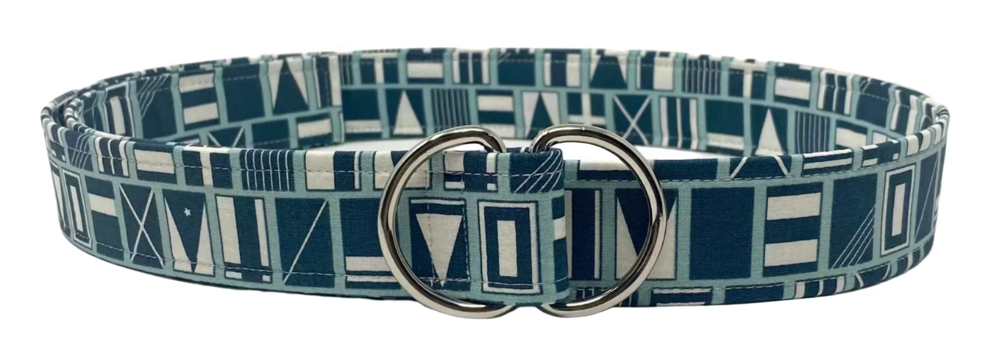Nautical clothing belt by Oliver Green featuring teal cotton with bold flag print and polished silver D-ring buckle.