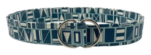 Nautical clothing belt by Oliver Green featuring teal cotton with bold flag print and polished silver D-ring buckle.