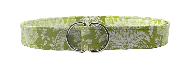 Lime green belt with bold mod paisley cotton print and polished D-ring buckle by Oliver Green.