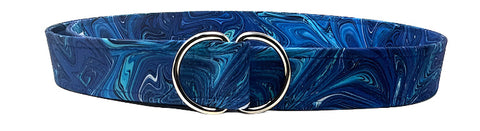blue belt featuring a marbleized cobalt blue and royal colorway d-ring belt