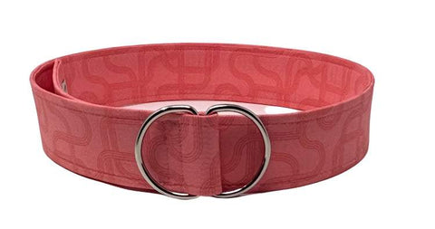 Melon and pink wide fabric belt with adjustable silver D-ring buckle and geometric pattern