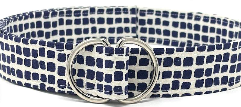 Mod style belt by Oliver Green in navy cotton with abstract print and polished D-ring buckle
