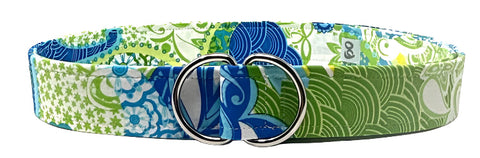Coastal fashion belt with blue and green mixed prints, cotton fabric, and silver D-ring buckle