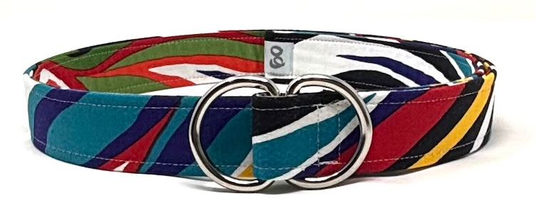 Zebra belt by Oliver Green in multi-color cotton stripe pattern with polished D-ring buckle