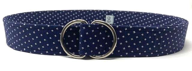 Navy blue fabric belt with small white X print and silver double D-ring buckle, 49 inches long and 1.5 inches wide, stylish and elegant design.