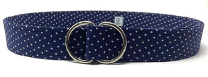 Navy blue fabric belt with small white X print and silver double D-ring buckle, 49 inches long and 1.5 inches wide, stylish and elegant design.