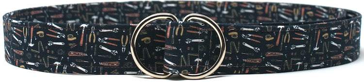 Navy blue tool belt with detailed tool illustrations and double ring buckle