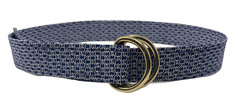 Oliver Green chainlink belt with navy-and-white graphic print and vintage brass D-ring hardware, heritage-inspired design.