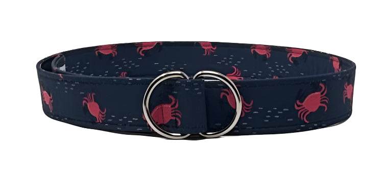 Crab belt by Oliver Green in navy cotton with red crab motif and polished D-ring buckle.