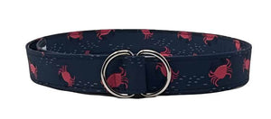 Crab belt by Oliver Green in navy cotton with red crab motif and polished D-ring buckle.