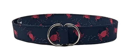 Crab belt by Oliver Green in navy cotton with red crab motif and polished D-ring buckle.