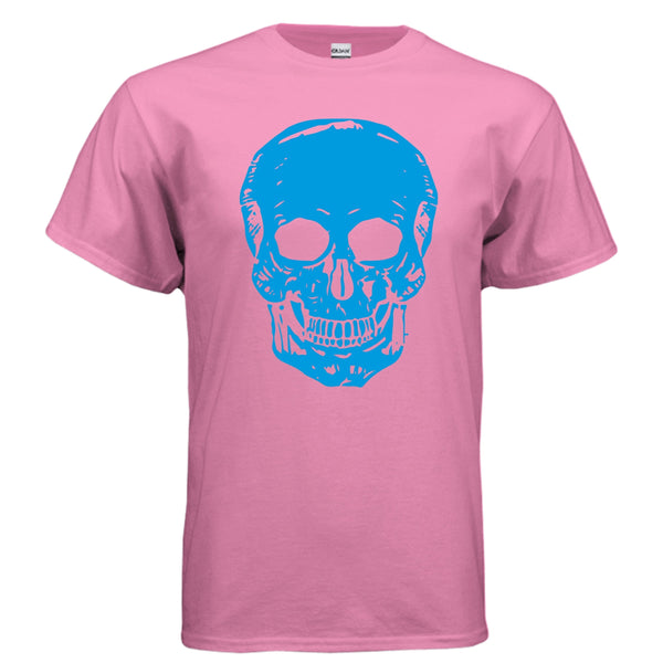 Pink t-shirt with oversized electric blue skull graphic, classic unisex fit, premium cotton streetwear tee