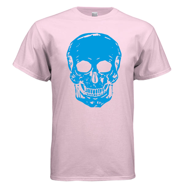 Light pink t-shirt with oversized electric blue skull graphic, classic unisex fit streetwear tee