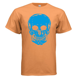 Orange t-shirt with large electric blue skull graphic, classic unisex streetwear style, premium cotton material.