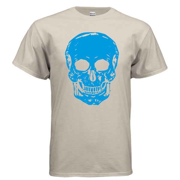 Beige unisex cotton t-shirt with oversized electric blue skull graphic streetwear design
