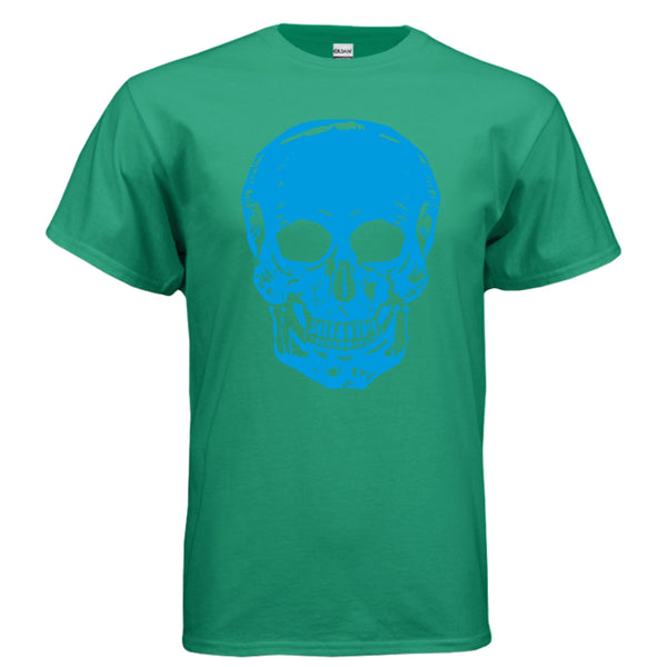 Green t-shirt with oversized electric blue skull graphic front, classic unisex fit streetwear tee