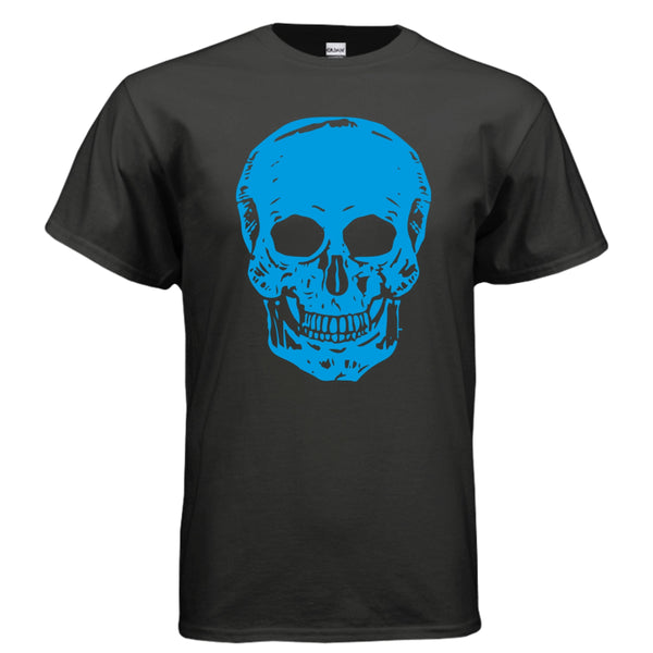 Black unisex t-shirt featuring a large electric blue skull graphic, made from premium cotton for durable streetwear style