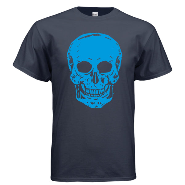Navy blue unisex t-shirt with a large electric blue skull graphic, made of premium cotton, streetwear style.