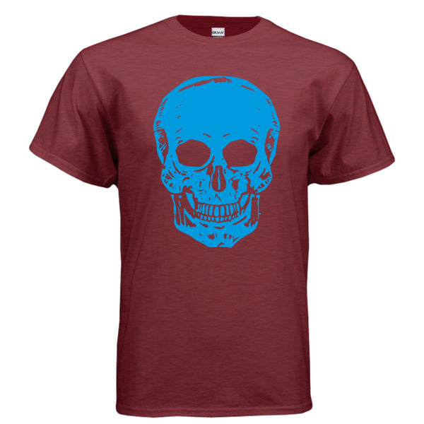 Maroon Gildan cotton t-shirt with oversized electric blue skull graphic, unisex fit streetwear tee