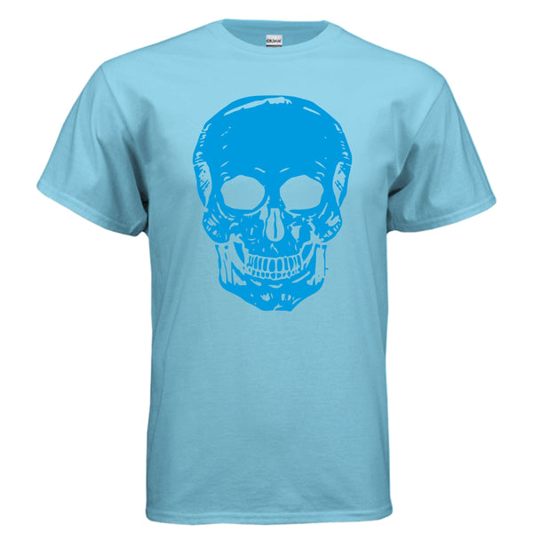 Electric blue skull graphic on light blue classic fit cotton tee shirt