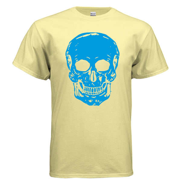 Unisex beige t-shirt with large electric blue skull graphic, streetwear style, made of premium cotton