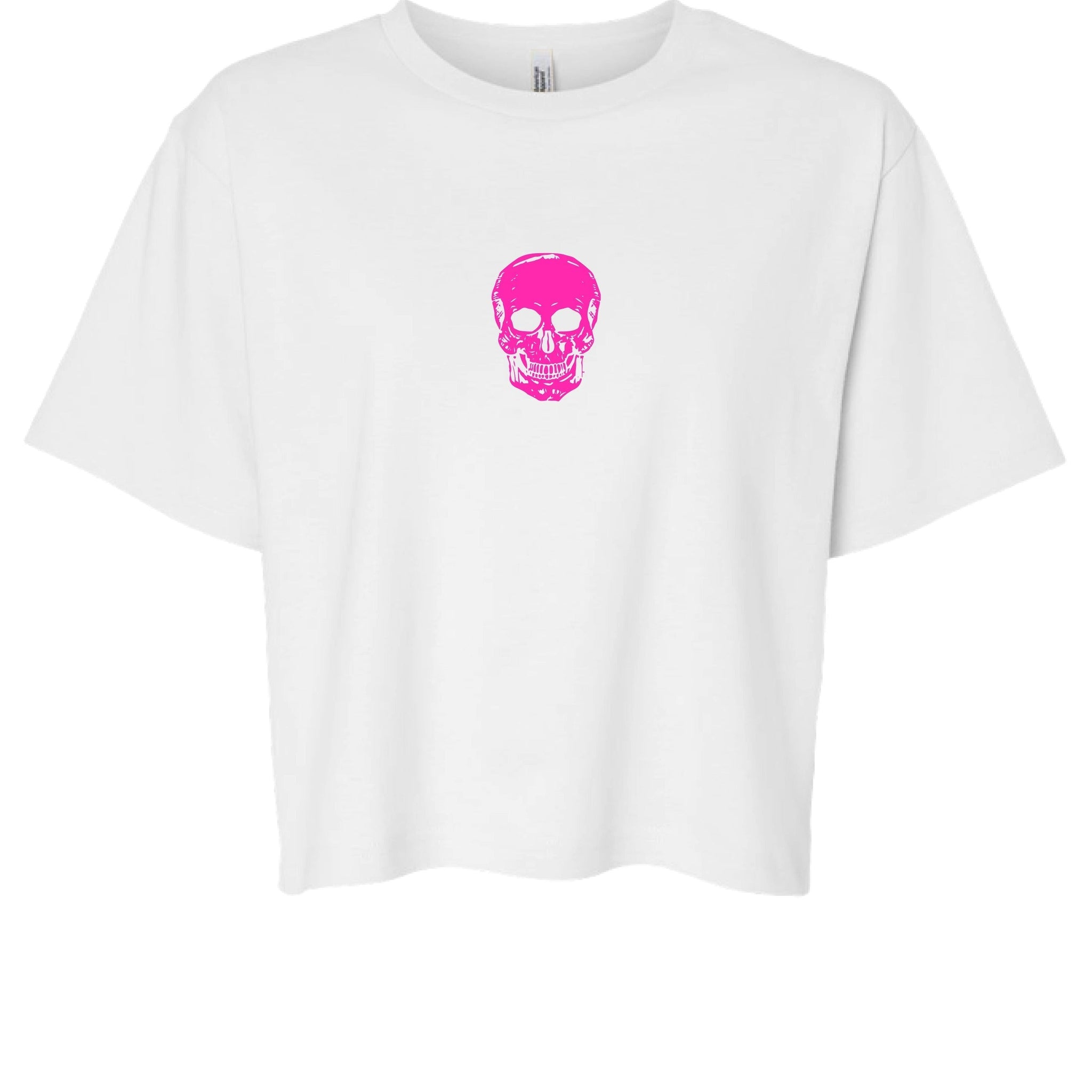 White boxy tee with centered hot pink skull graphic, minimalist streetwear design